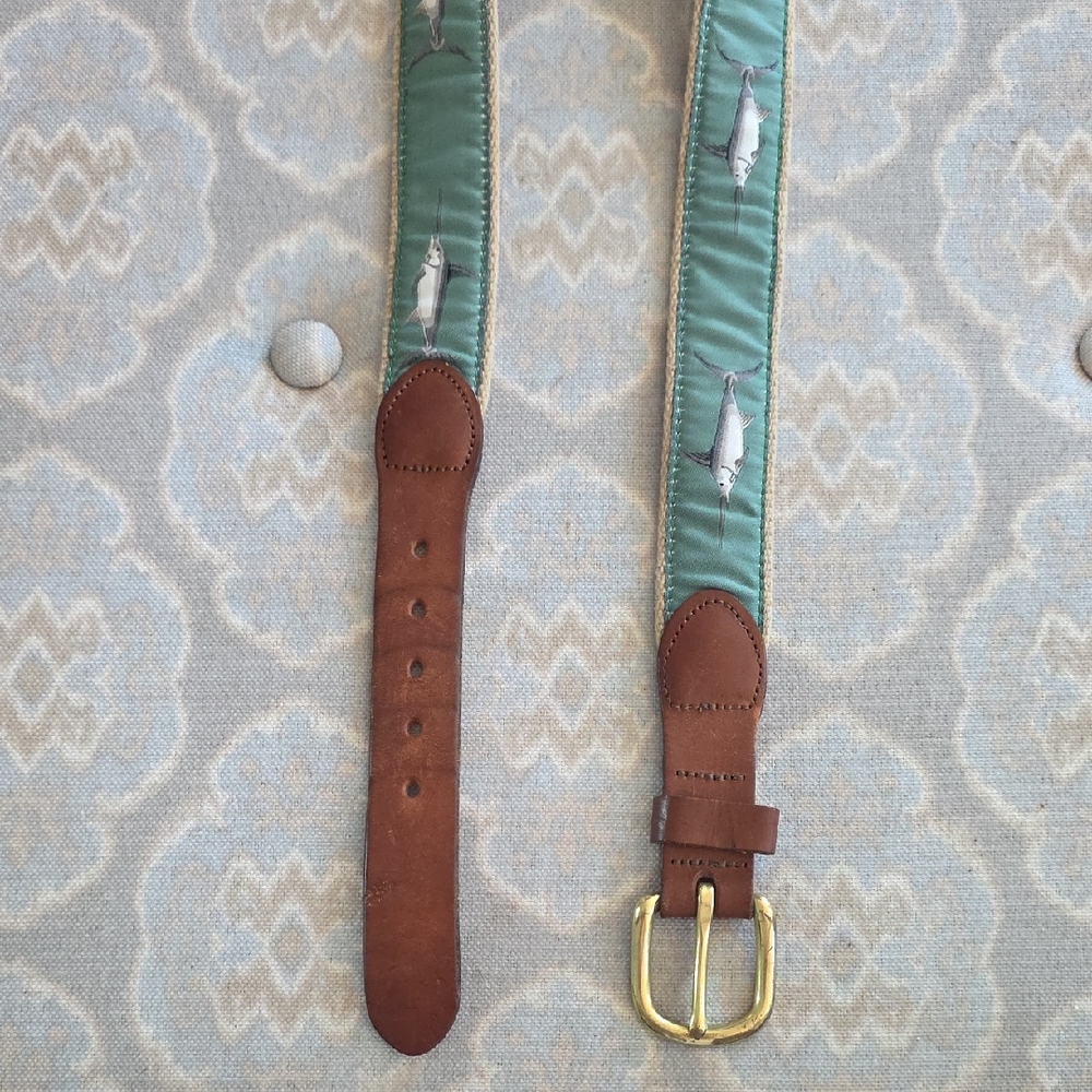 Leather Man Ltd Belt Green Canvas‎ Brown Leather Handmade Size 36 Fish